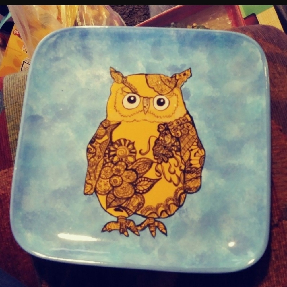 OWL Dish Plate kitchen home decorating Square platter deco blue 8x8 ceramic